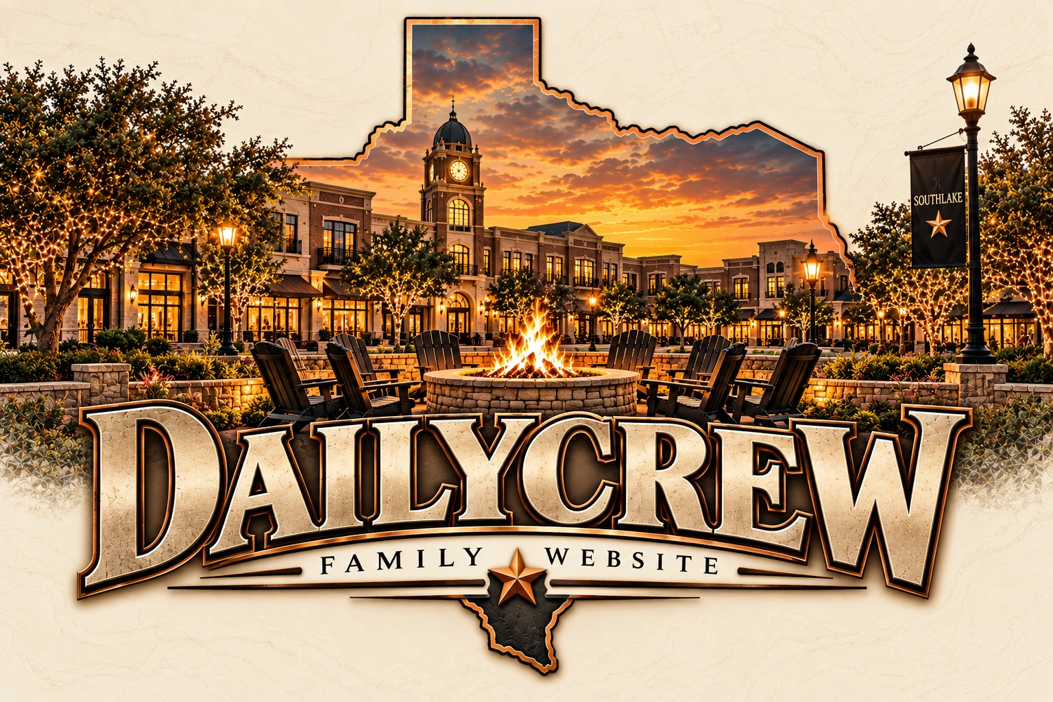 DailyCrew Family Website logo with a Texas landscape, oak tree, sunset, and wind turbines